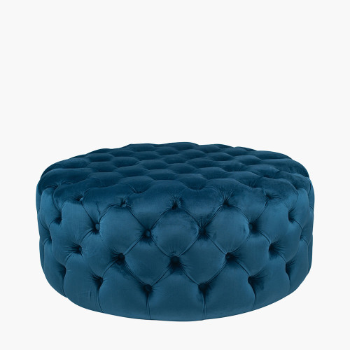 Sapphire Blue Velvet Round Buttoned Pouffe