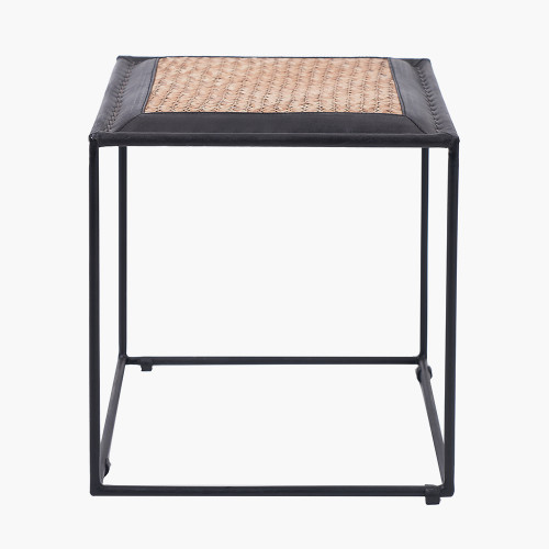 Ezio Black Leather, Woven Rattan & Iron Stool