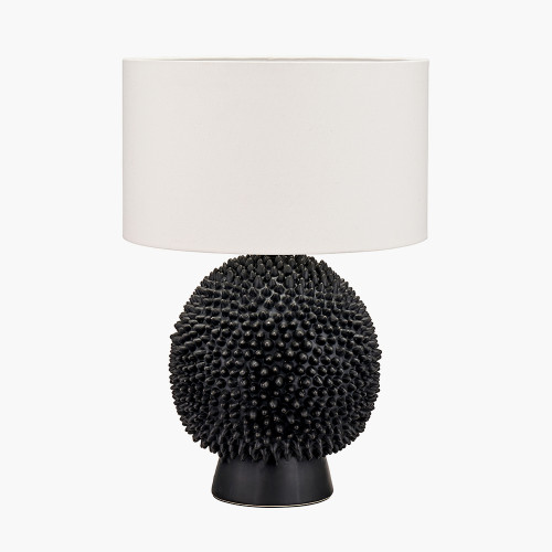 Wrenley Black Ceramic Sea Urchin Table Lamp Base with Henry 35cm White Handloom Cylinder Shade