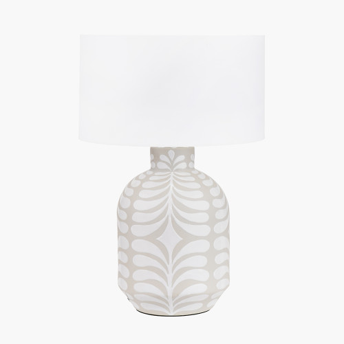 Tania Grey and White Pattern Ceramic Table Lamp Base with Lino 35cm White Self Lined Linen Drum Shade