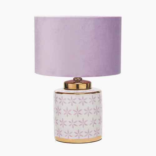 Thea Lillac and Gold Leaf Ceramic Table Lamp Base with Rene 35cm Blush Velvet Cylinder Shade