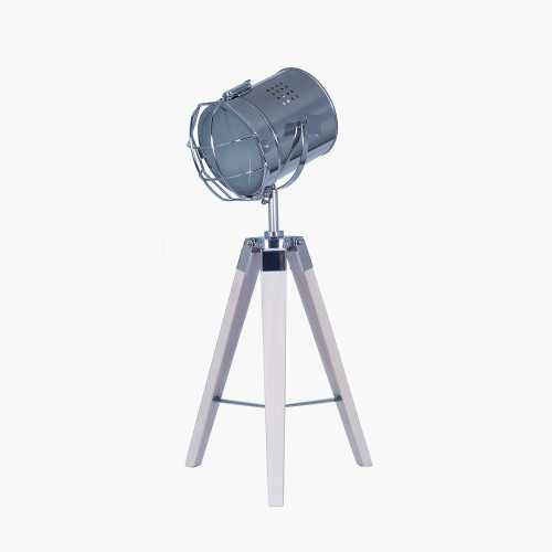 White Wash Wood & Silver Metal Tripod Table Lamp 