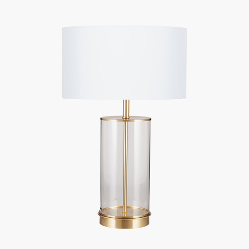 Westwood Clear Glass and Champagne Metal Table Lamp with Harry 35cm Ivory Poly Cotton Cylinder Drum Shade