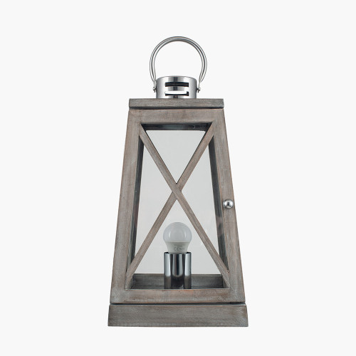 Grey Wood and Chrome Lantern Table Lamp