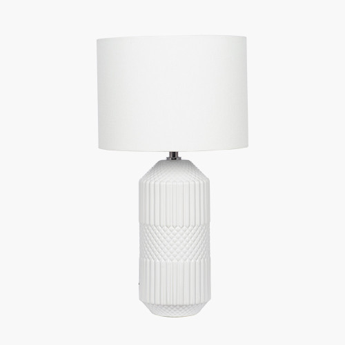 White Embossed Geo Tall Ceramic Table Lamp