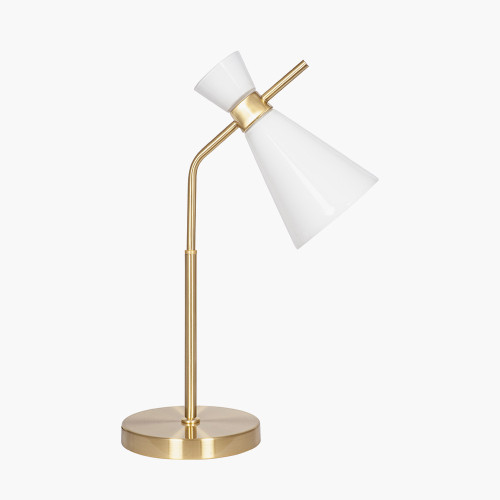 White Glass and Gold Metal Waisted Table Lamp