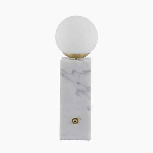 Émile Orb Glass Shade, Brushed Brass Metal and White Marble Table Lamp