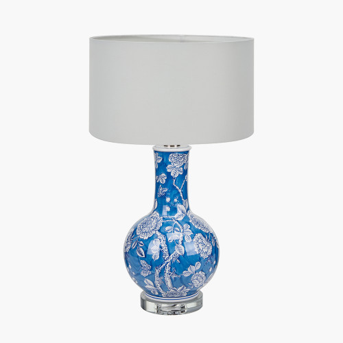 Altheda Blue and White Floral Ceramic and Crystal Base Table Lamp Base with Harry 35cm Ivory Poly Cotton Cylinder Drum Lampshade