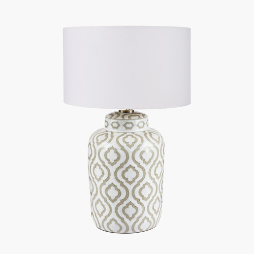 Celia Taupe and White Pattern Ceramic Table Lamp with Harry 30cm Ivory Poly Cotton Cylinder Drum Shade