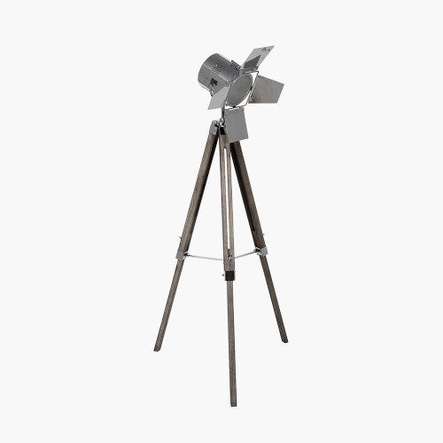 Grey Wood and Silver Metal Film Tripod Floor Lamp