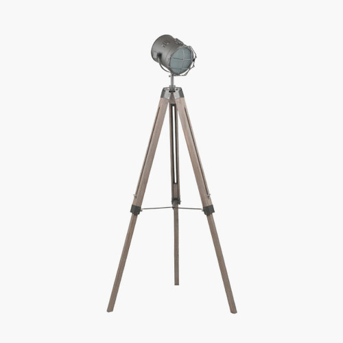 Grey Metal & Antique Wood Tripod Marine Floor Lamp