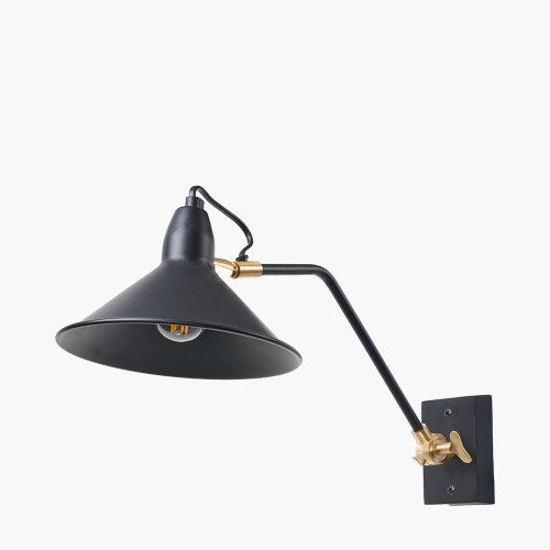 Canton Matt Black and Brass Metal Cone Wall Lamp