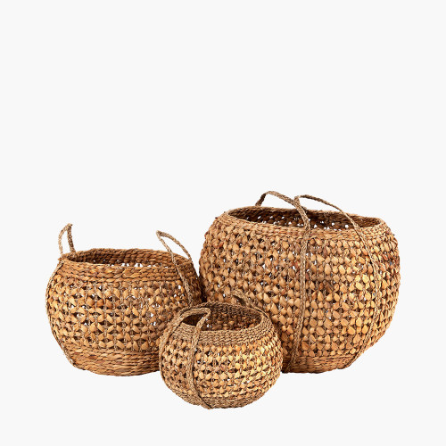 Woven Water Hyacinth S/3 Handled Round Baskets