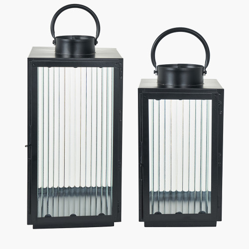 S/2 Black Metal & Ribbed Glass Lanterns