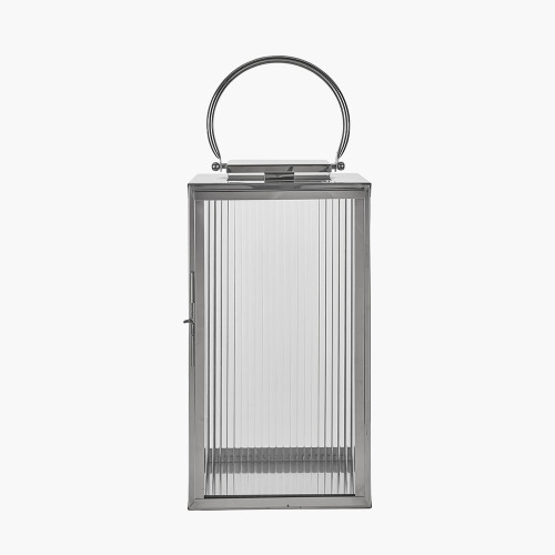 Shiny Nickel Large Lantern with Ribbed Glass