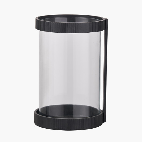 Black Ribbed Metal & Glass Hurricane