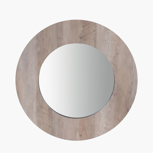 Brown Wood Vaneer Round Wall Mirror