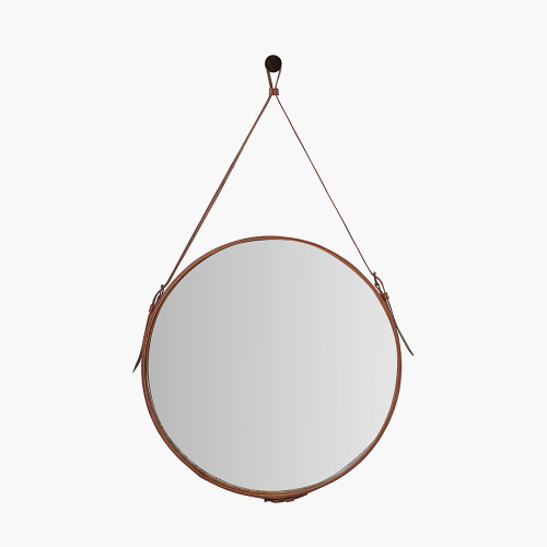 Vintage Brown Leather Round Wall Mirror