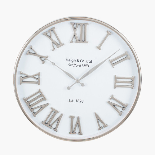 Silver and White Metal Round Wall Clock