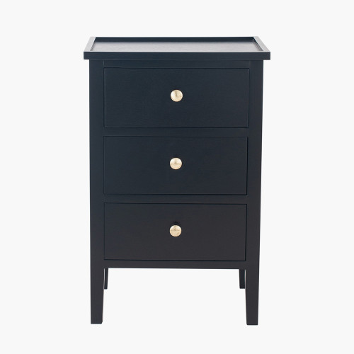 Satin Black Pine Wood 3 Drawer Bedside Unit