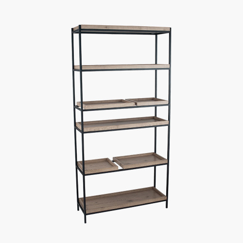 Natural Wood Veneer & Black Metal 5 Shelf Unit