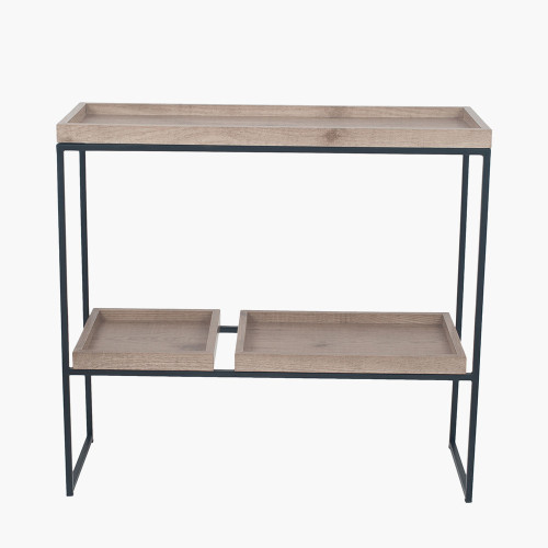 Natural Wood Veneer & Black Metal 2 Shelf Unit