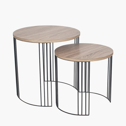 Dark Wood and Black Metal S/2 Round Side Tables