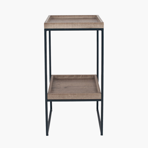 Natural Wood Veneer and Black Metal Side Table