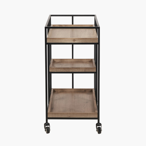 Gallery Natural Wood Veneer & Black Metal Bar Trolley