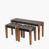 Claudio S/3 Black Leather and Mango Wood Bench and Stools