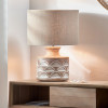 Kingsbury White Wash Large Carved Wood Table Lamp Base with Edward 40cm Natural Linen Cylinder Lampshade