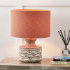 Kingsbury White Wash Carved Wood Table Lamp Base with Lino 30cm Cinnamon Self Lined Linen Cylinder Lampshade