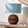 Pembury Brown Wash Turned Wood Table Lamp Base with Stellan 30cm Duck Egg Slubbed Silk Mix Gold Lined Cylinder Lampshade