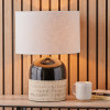 Lotta Black and Natural Stoneware Table Lamp Base with Lino 35cm White Self Lined Linen Cylinder Lampshade