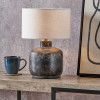 Vulcan Textured Volcanic Effect Grey Small Stoneware Table Lamp Base with Lino 25cm White Self Lined Linen Cylinder Lampshade