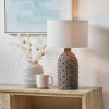 Kali Textured Dot Grey Stoneware Table Lamp Base with Lino 30cm White Self Lined Linen Cylinder Lampshade