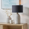 Kali Textured Dot Light Grey Stoneware Table Lamp Base with Lino 30cm Black Self Lined Linen Cylinder Lampshade