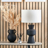 Koa Black Mango Wood Contemporary Table Lamp Base with Lino 35cm White Self Lined Linen Cylinder Lampshade