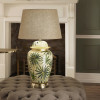 Curacao Palm Leaf Design Ceramic Urn Table Lamp Base with Milos 40cm Natural Linen Tapered Lampshade