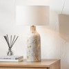 Keros Marble Effect Gold Leaf Glaze Stoneware Table Lamp Base with Henry 30cm White Handloom Cylinder Lampshade