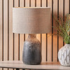 Vulcan Textured Volcanic Effect Grey Stoneware Table Lamp Base with Edward 35cm Natural Linen Cylinder Lampshade