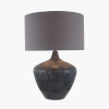 Manaia Antique Black Textured Wood Table Lamp Base with Henry 35cm Grey Handloom Cylinder Lampshade