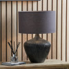 Manaia Antique Black Textured Wood Table Lamp Base with Henry 35cm Grey Handloom Cylinder Lampshade