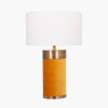 Dempsey Mustard Velvet and Antique Gold Metal Table Lamp Base with Harry 30cm Ivory Poly Cotton Cylinder Drum Lampshade