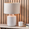 Malone Textured White Squares Design Stoneware Table Lamp Base with Lino 35cm Grey Self Lined Linen Drum Lampshade