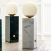 Émile Orb Glass Shade, Brushed Brass Metal and White Marble Table Lamp