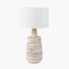 Dambula White Wash Wood Textured Tall Neck Table Lamp Base with Lino 35cm White Self Lined Linen Drum Lampshade