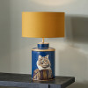 Cat Blue Hand Painted Metal Table Lamp Base with Henry 35cm Mustard Handloom Cylinder Lampshade