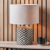 Chirala Black and White Ikat Ceramic Table Lamp Base with Lino 35cm White Self Lined Linen Drum Lampshade