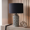 Chirala Black and White Tall Ikat Ceramic Table Lamp Base with Lino 40cm Black Self Lined Linen Drum Lampshade